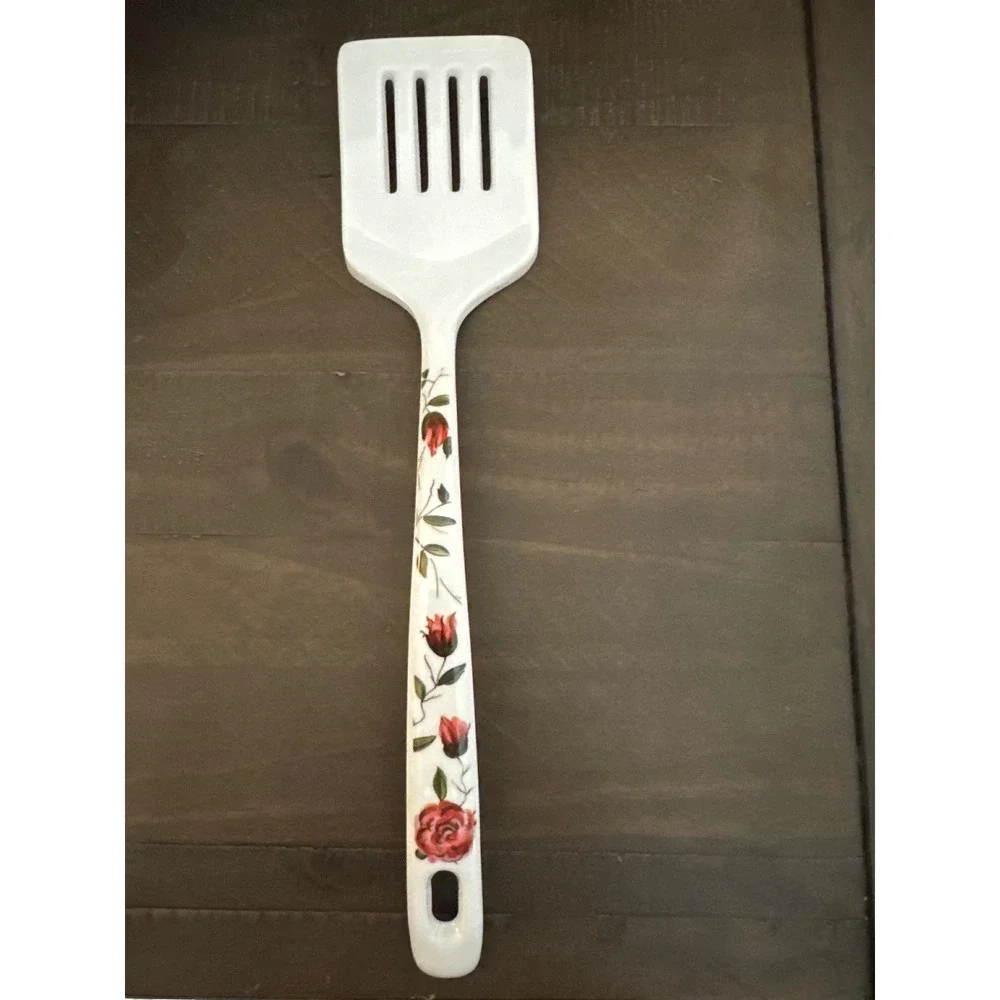 Vintage Style White Melamine Slotted Spatula Turner Red Rose Floral Pattern